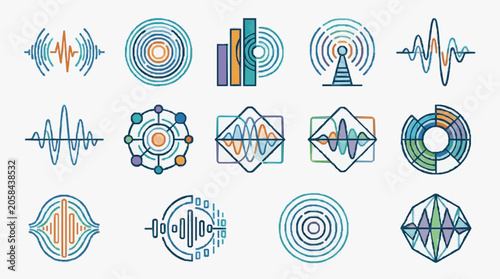 Foto Colorful Abstract Audio Signal Wave Icons Set.