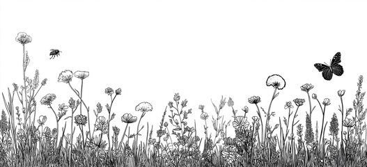 summer field with various wildflowers and tall grasses. the foreground is filled with diverse plant life, sketched