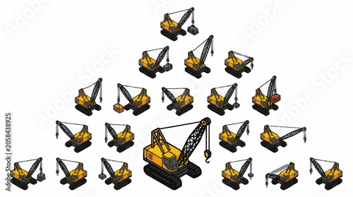 Cuadro en lienzo Collection of yellow construction cranes in various sizes and positions