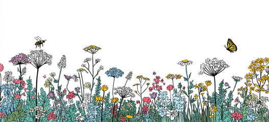 summer field with various wildflowers and tall grasses. the foreground is filled with diverse plant life, sketched