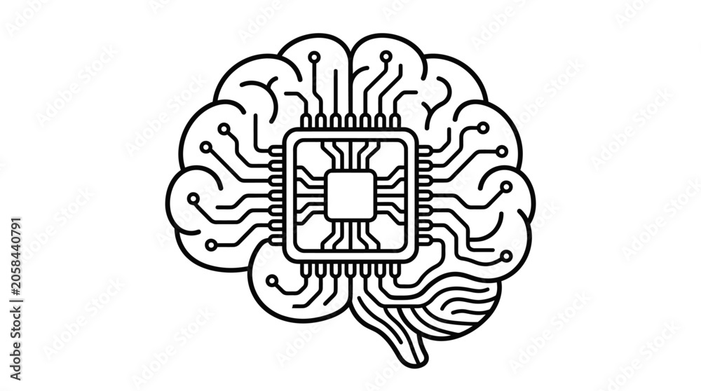 Fototapeta premium Minimalist brain outline with central integrated circuit chip.