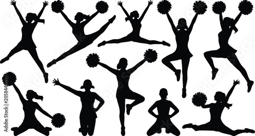 Cheerleader Silhouettes Collection, Dance Performance Poses, Sports Vector Set, Cheerleading Action Poses, Pom Pom Dance Silhouette Bundle, Fitness Vector