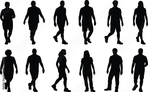 Walking People Silhouettes, Human Body Pose Collection, Vector Character Set, Human Walking Figures Bundle, Male And Female Silhouette Collection Vector