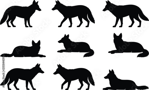 Wolf Silhouette Collection, Wild Canine Animal Poses, Nature Vector Set, Wolf Icon Bundle, Standing And Resting Wolf Silhouettes, Wildlife Vector