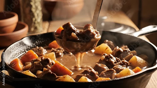 Beef stew with vegetables simmering in cast iron pan.