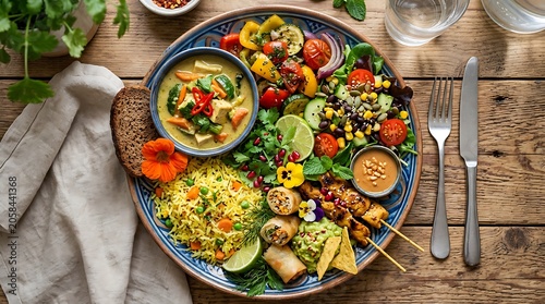 Healthy Mixed Platter with Thai Curry Satay Rice and Vegetables