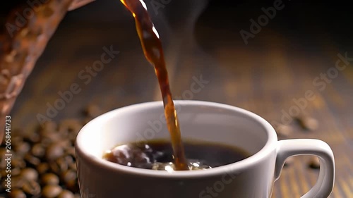 Dark coffee pouring into white ceramic mug with beans.