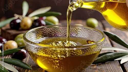 Extra virgin olive oil pouring into glass bowl with olives.
