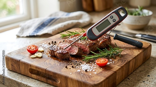 Digital thermometer measuring temperature of a grilled beef steak