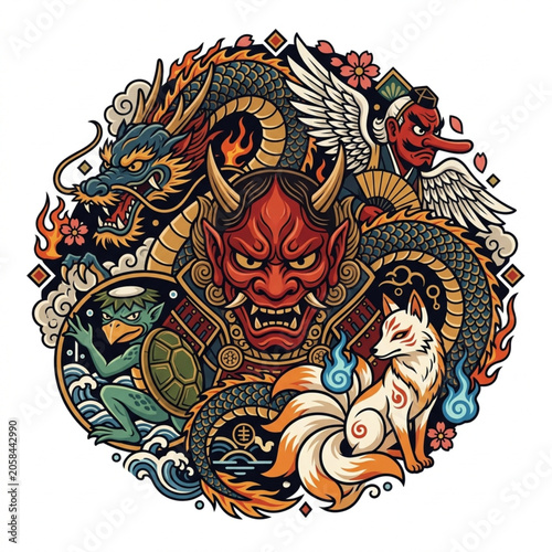 Cuadro en lienzo Japanese Folklore Creatures and Mythology Art.