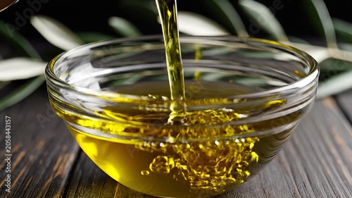 Golden olive oil pouring into a glass bowl.