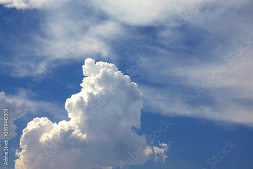 Beautiful heaven landscape with big white and gray fluffy cumulus clouds in deep blue sky