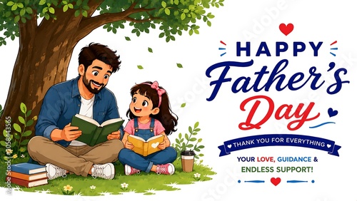 Happy father's day illustration of a father reading a book with his daughter under a tree illustration