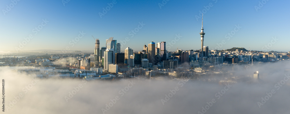 Obraz premium A stunning aerial view of Auckland, New Zealand, as low-lying fog blankets the harbor and city center, revealing the iconic Sky Tower and skyscrapers on a clear morning.