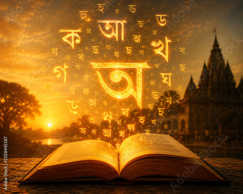 Glowing Bengali letters floating above an open book at sunrise, symbolizing language preservation and cultural identity