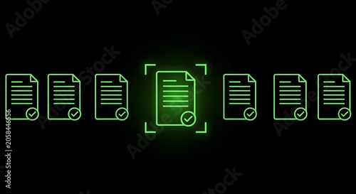 Glowing green document icons with checkmark and selection frame