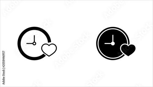 Schilderij op canvas Minimalist clock and heart outline icon set