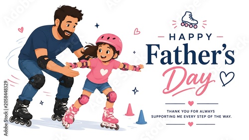 Happy father day illustration with a father and daughter roller skating together illustration