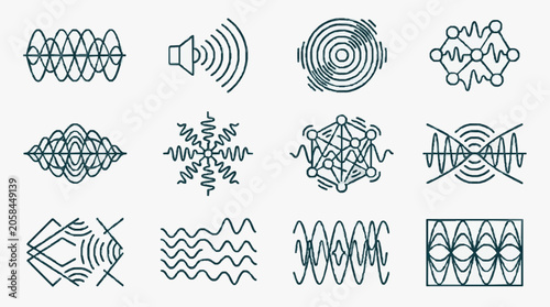 Collection of Various Sound Wave Diagrams and Symbols.