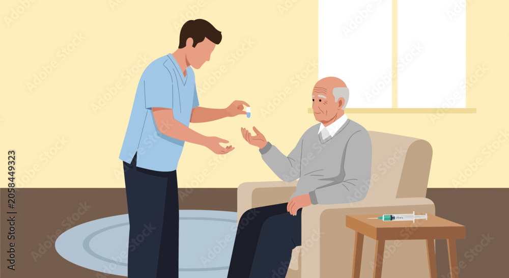 Obraz premium Nurse giving medication to elderly patient in armchair