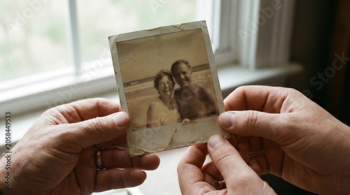 A person holding an old, faded photograph of a smiling couple on a beach, evoking memories and nostalgia.