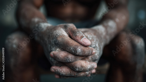 Close-up on the chalk-dusted hands of an athlete, clasped together in a moment of intense focus and determination, suggesting readiness for physical exertion and a deep well of inner strength.