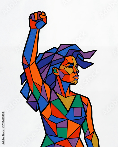 Woman raising fist, geometric pop art empowerment illustration