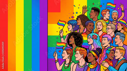 LGBTQ pride crowd comic illustration with rainbow flag copy space