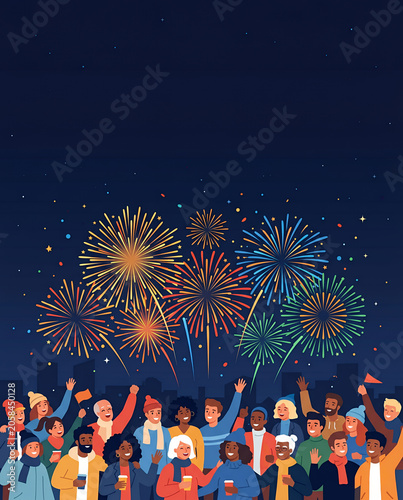 Diverse crowd watching fireworks at night, flat art, copy space