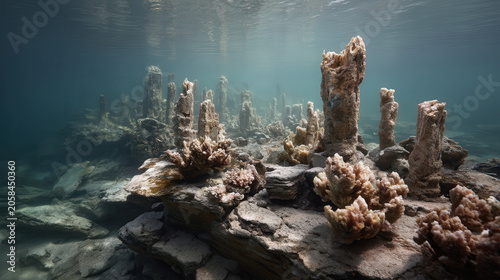 Underwater view of unique rock formations resembling sculptures, standing tall in the clear, turquoise water, creating an otherworldly landscape.