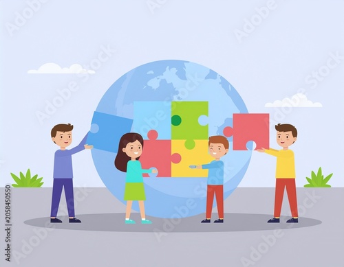 Diverse Group of Children Collaborating to Complete a Global Earth Puzzle Representing Unity and Environmental Responsibility