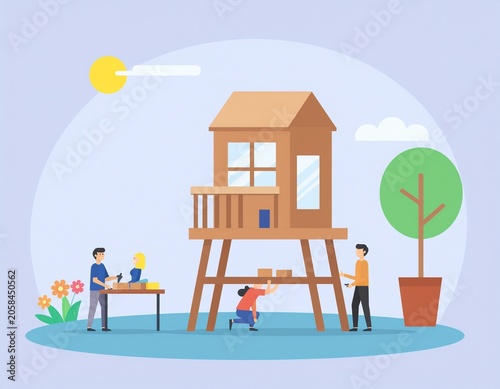 Diverse group building wooden playhouse outdoors showing teamwork concept in a sunny backyard park scene