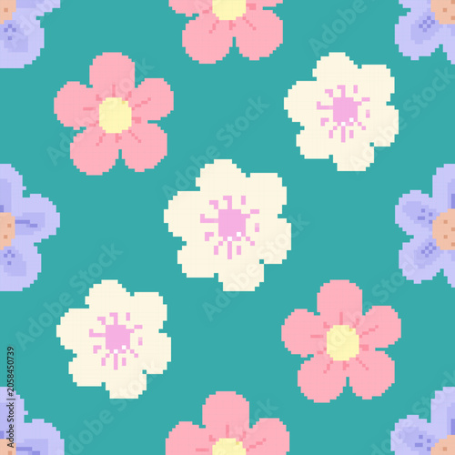 Seamless Pixel Floral Pattern with Pastel Flowers