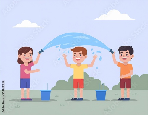 Happy children playing with garden water hose on hot summer day outdoor activities kids fun and friendship illustration