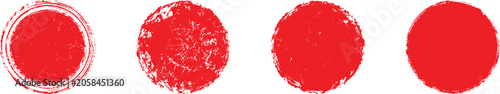 Fényképezés Collection of four distressed red circular rubber stamp textures isolated on a white background for design elements and overlays