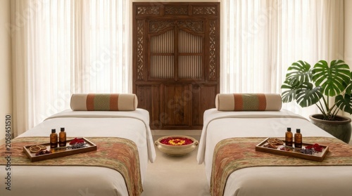 Two massage beds in a luxury spa room with wooden decor and flower bowl