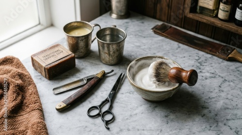 Traditional shaving tools and accessories on a marble countertop