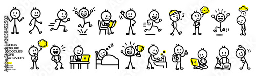 Εκτύπωση καμβά Stick figure illustrations collection, depicting various emotions and activities, including running, jumping, reading, sleeping, and celebrating