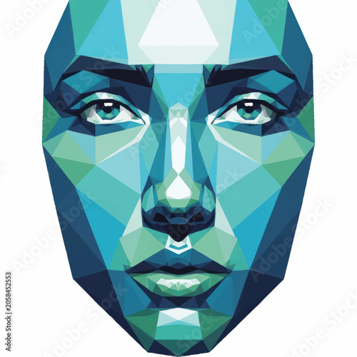 Abstract Geometric Human Face Sculpture with Blue and Green Tones.