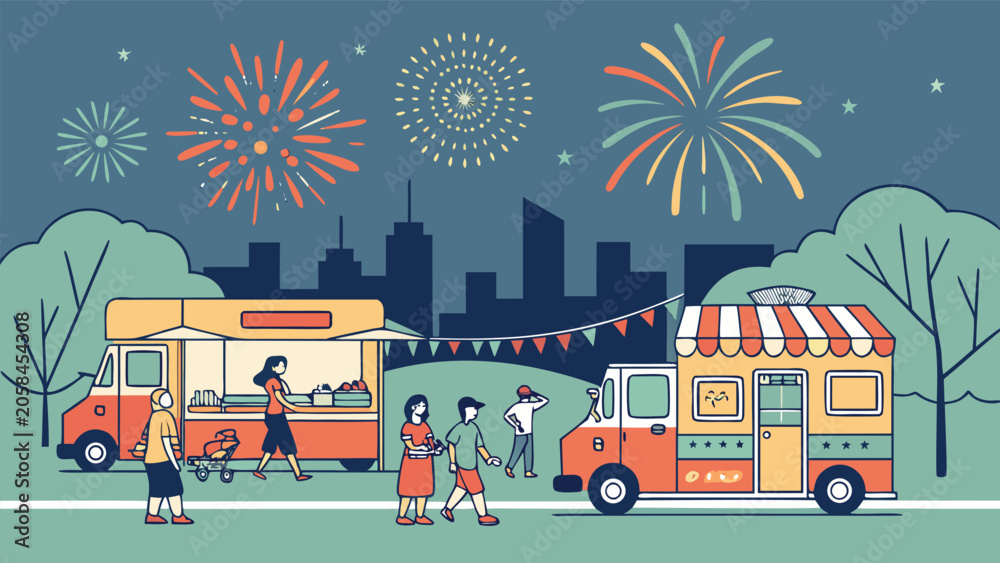 Naklejka premium People enjoy an american street festival with food trucks and fireworks