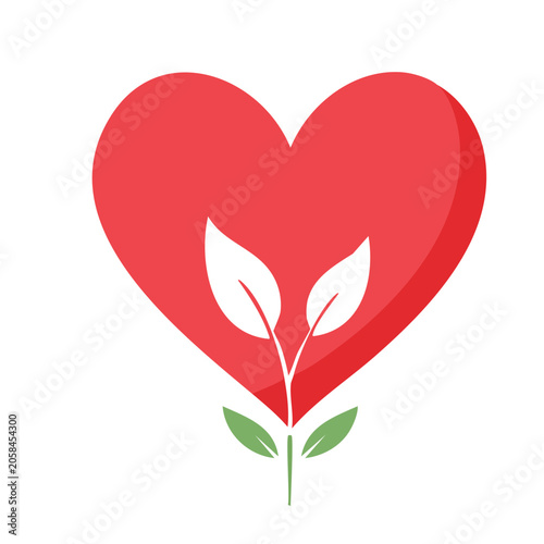Red heart with green leaves icon on transparent background