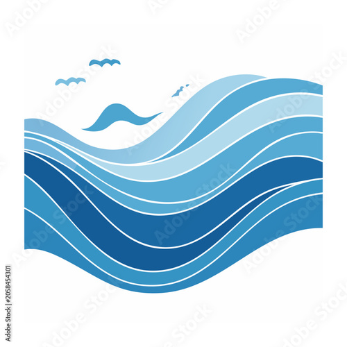 Stylized ocean waves and seagulls in flat design
