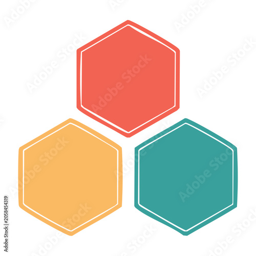 Three colorful hexagon icons in flat design