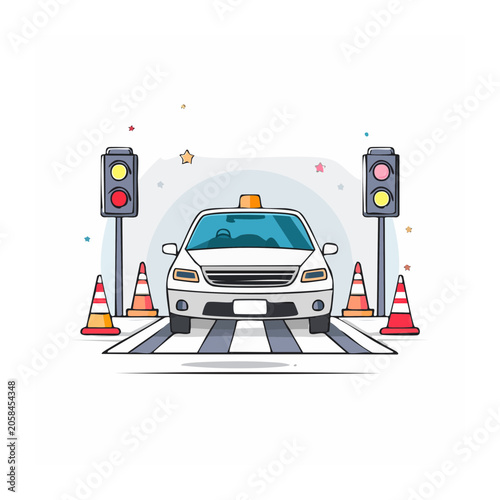 White car at a driving school test with traffic lights and cones