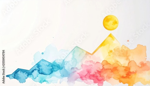 Vibrant abstract watercolor mountain landscape sunrise.