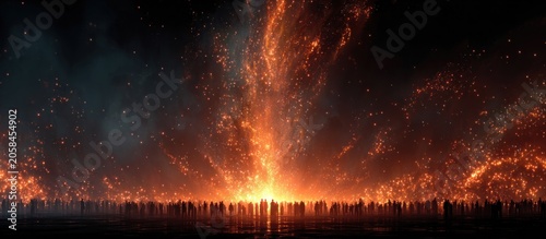 Massive pyrotechnic display, crowd gathered at night
