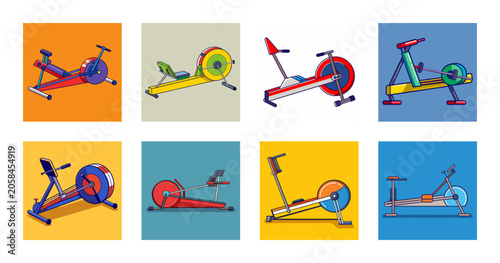 Colorful exercise bikes in vibrant backgrounds - Six stylized exercise bikes set against bright, cheerful backgrounds, each with a unique color scheme and playful design for fitness and fun.