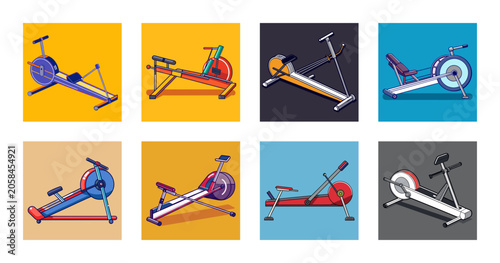 Colorful flat icons of people exercising on bikes - Bright and cheerful vector icons showing diverse individuals riding stationary bikes in vibrant colors for fitness and exercise themes.