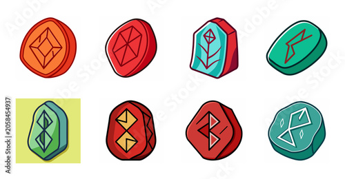 Colorful Fantasy Rune Stone Icon Collection- Set of colorful fantasy rune stone icons featuring magical symbols and gem-like tokens, ideal for games, RPG interfaces, mobile apps, and adventure themes.