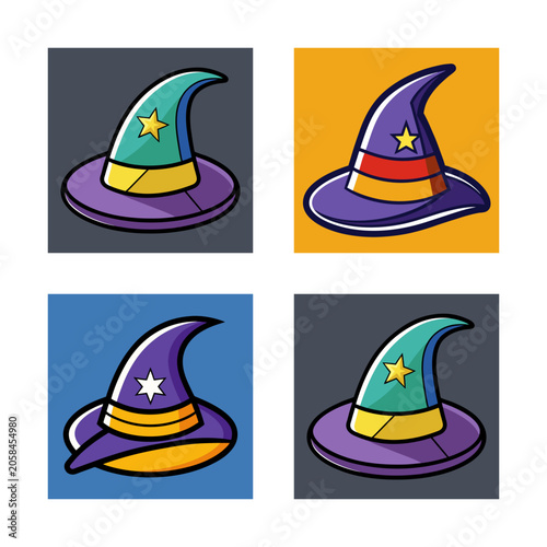 Colorful witch hats in playful cartoon style - Four cheerful witch hats in vibrant colors arranged neatly with a fun and whimsical cartoon design, perfect for Halloween or fantasy themes.